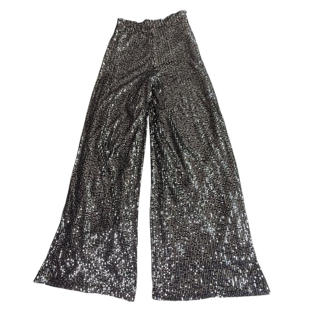 Shein High Waist Wide Leg SEQUIN PANT Women's 6 (M) Black Silver Flare Festival
